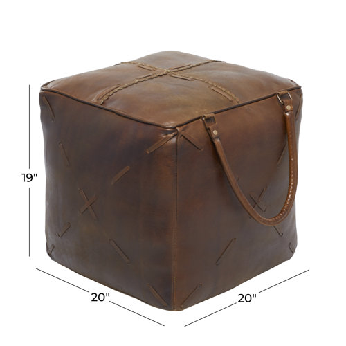 Loon Peak® Brown Canvas Pouf with Leather Handles 20" x 20" x 19" Wayfair